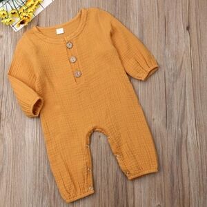 Baby Boy Girl Muslin Cotton Romper Jumpsuit Long Sleeve Mustard Boho Outfit 3-6M